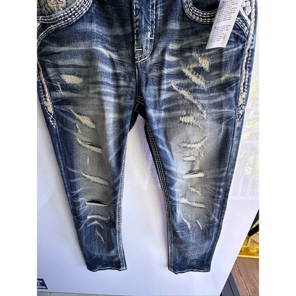 NWOT ROCK REVIVAL MEN'S JEANS 36 Garrick Slim Straight Stretch DESTROYED - Picture 11 of 16